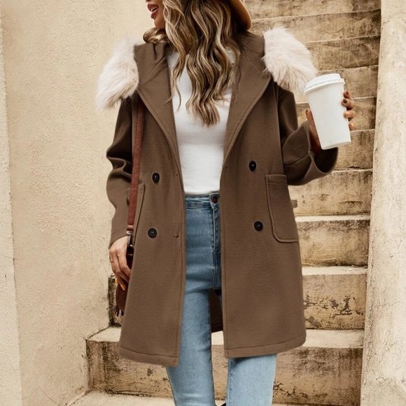 MODA ME COUTURE Jackets & Blazers - Brown Womens Faux fur detailed Hooded Overcoat Jacket